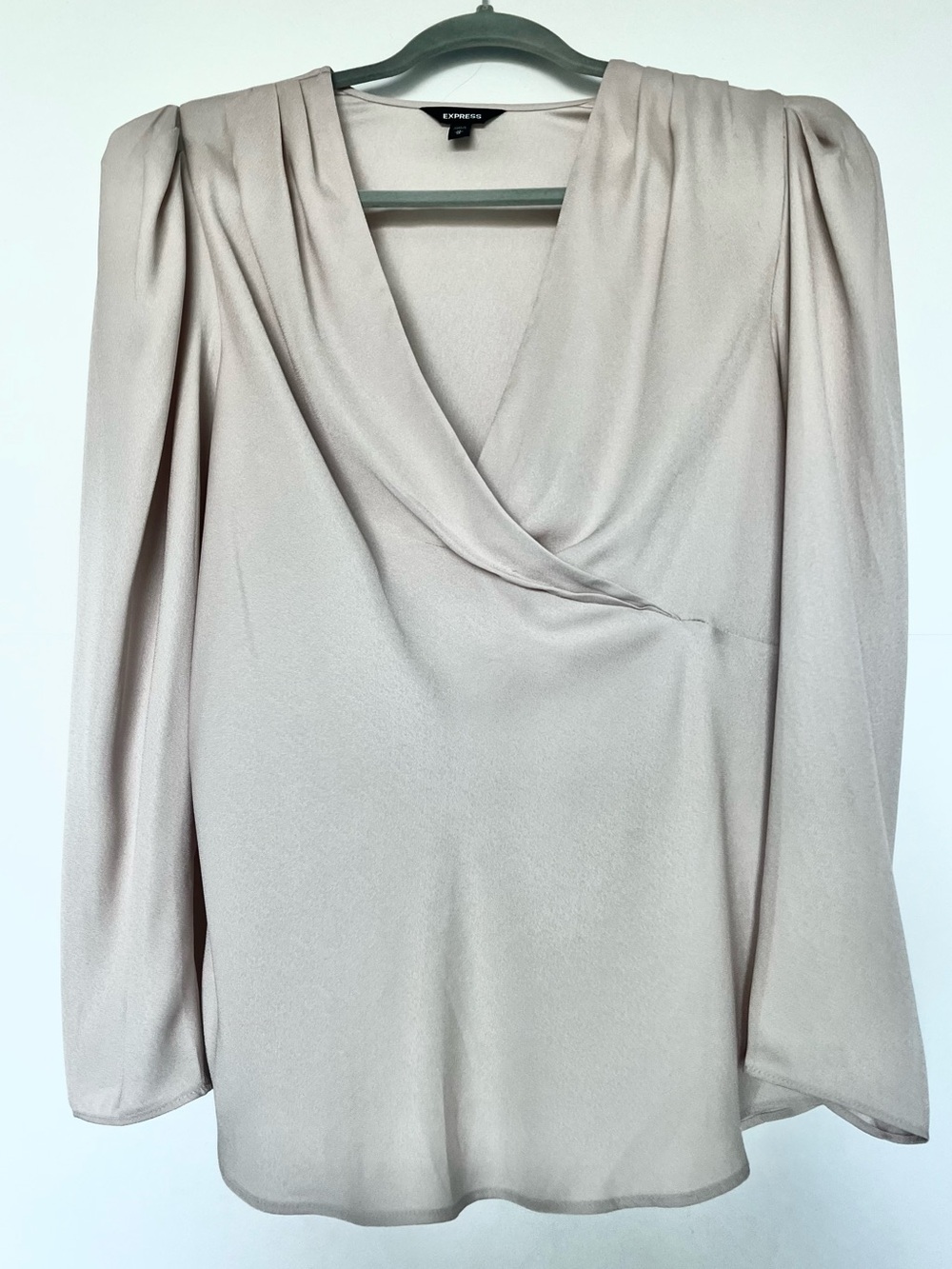 Express Champagne Satin Draped V-Neck Faux Wrap Blouse Long Sleeve - Size M NWOT